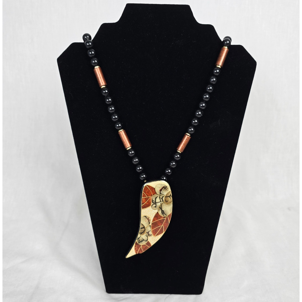 Japanese Beaded 42" Neckless Wooden Floral Design Pendant Earth Tones